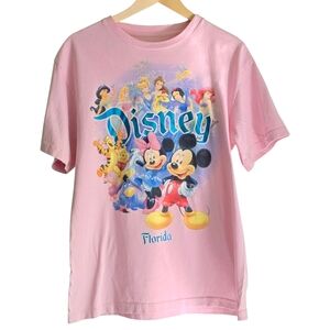 DISNEY Pink T Shirt With Disney Princesses, Mickey Mouse And Winnie The Pooh